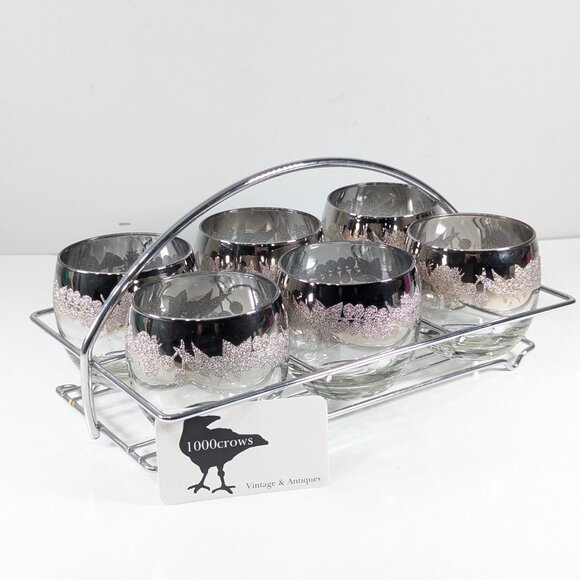 MCM chromed bar caddy with 6 Silver ombre fade Fade Roly Poly cocktail glasses - Picture 8 of 9